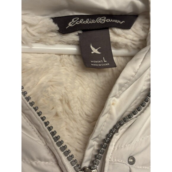 Women's L Eddie Bauer Sun Valley Down Parka Faux Fur Trim Hood Vapour White Coat - Picture 4 of 11